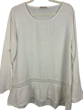 Terzo Millennio White 100% Linen Crochet Ruffle Hem Roll-Tab Sleeve Tunic Top L